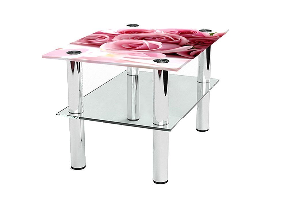  Купить Журнальные столики и столы Стол журнальный стеклянный "Прямоугольный Pink Roses с полкой" Диана