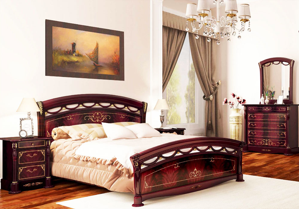 Спальня Роселла MiroMark, Розмір Маленький, Матеріал ДСП, Комплектація двоспальне ліжко + 2 тумби + Комод + Дзеркало 