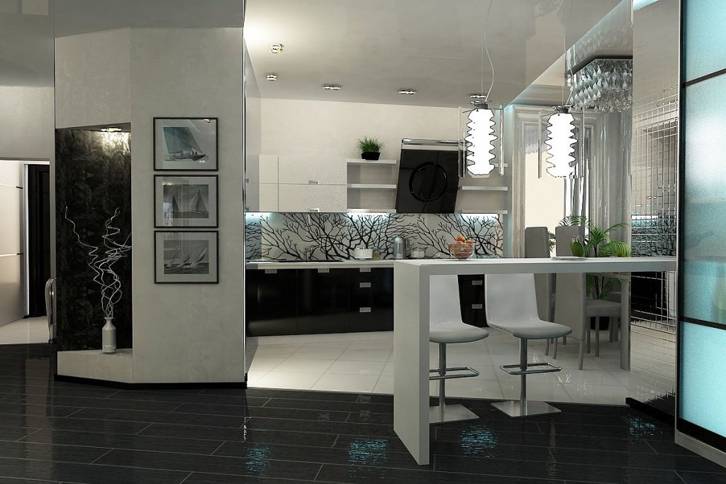черно-белая кухня-студия 30 кв.м.