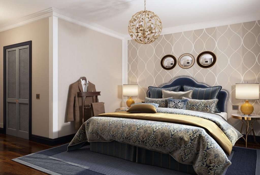 синяя спальня в классическом стиле