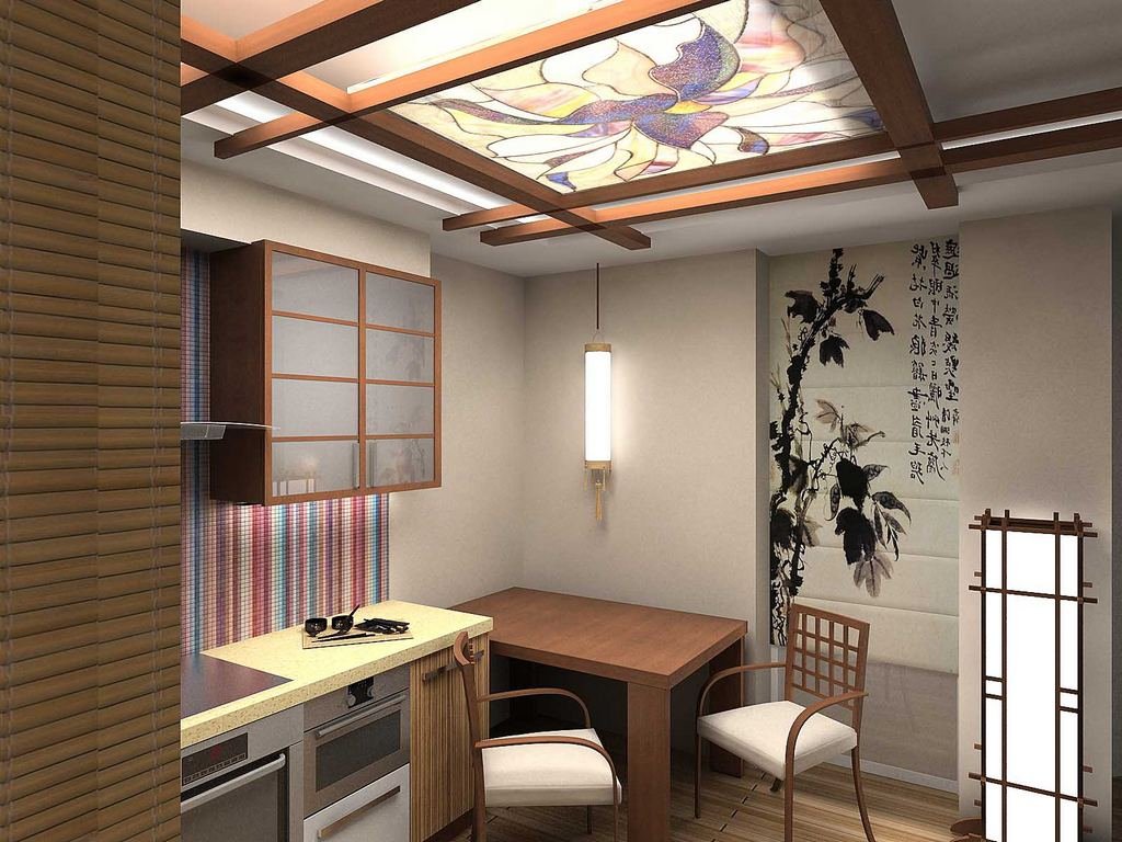 витражное стекло на потолке японской кухни