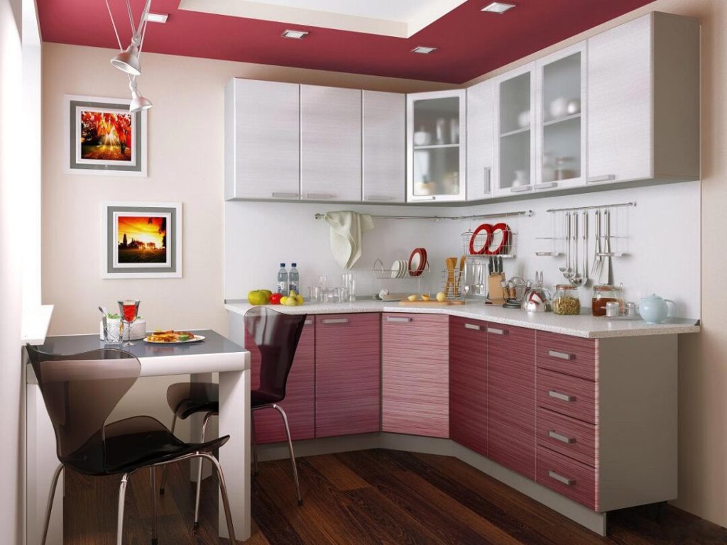 розовый интерьер для кухни 18 метров