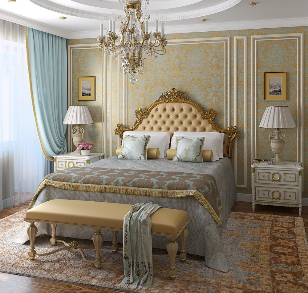голубо-золотая спальная в классическом стиле