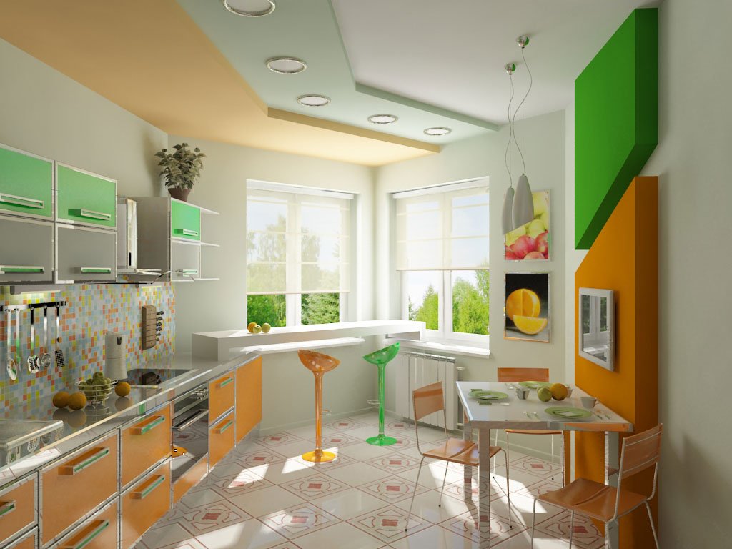 кухня в оранжево-зеленой гамме