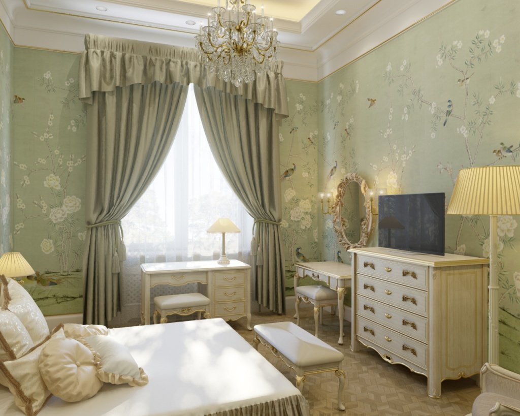 светло-зеленая спальня в классическом стиле