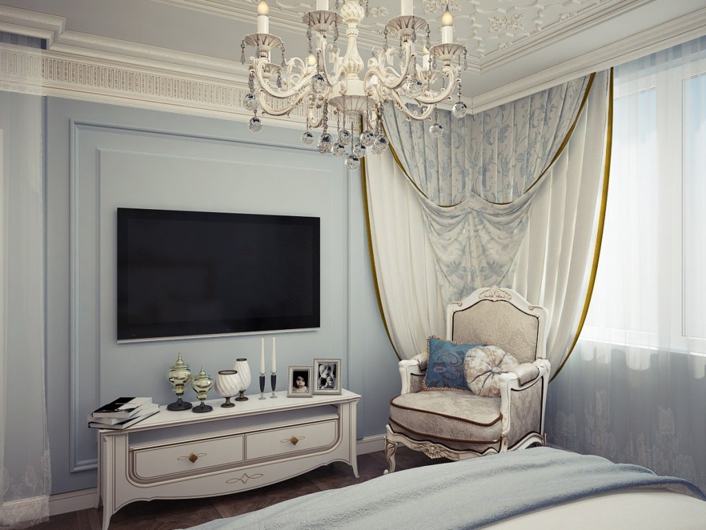  блакитна спальня в класиці 